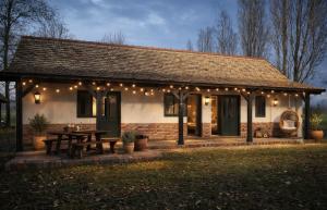 a house with a picnic table and lights on it at Ranč Zlatne niti by Acin salaš in Tordinci