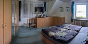 ein Schlafzimmer mit Bett, Fernseher und Fenster in der Unterkunft Casa Sonora in Lichtenfels
