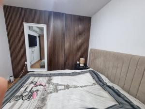 a bedroom with a bed and a mirror at OSHER Simple house in Nahariyya