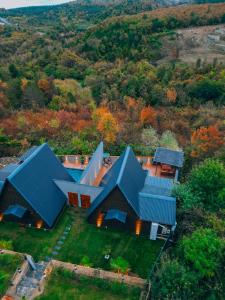 an aerial view of a house with blue roofs at Sapanca Ruby Bungalow in Sapanca