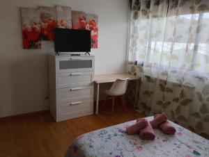 a bedroom with a bed and a desk with a television at El Descanso in Aínsa