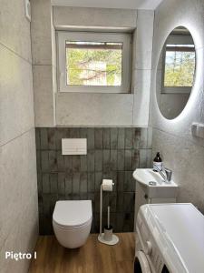 a bathroom with a toilet and a sink and a window at Trzy Tarasy Swornegacie in Swornegacie +14 photos