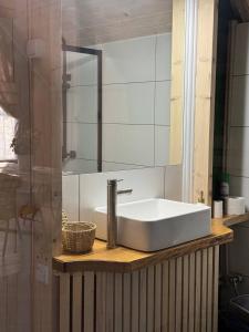 a bathroom with a white sink and a mirror at Медовий сон in Pasichna +26 photos