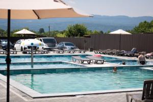 a swimming pool with a person in the water at Luna in Solotvyno