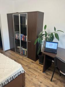 a desk with a laptop on it next to a bookcase at Bookworm Ultracentral Cozy, ultracentral apartment for people who appreciate comfort, details and books in Târgu-Mureş