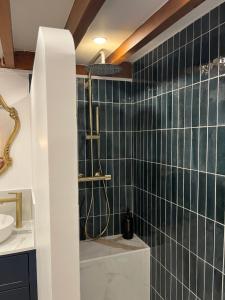 a bathroom with a green tiled wall at Le Cantilien Apartment - Chantilly in Chantilly +4 photos