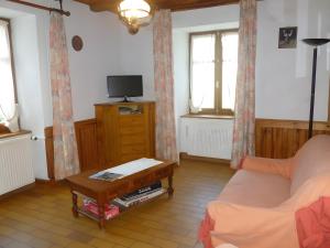 a living room with a couch and a tv at Gîte Les Hambostures in Lapoutroie