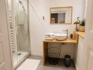 a bathroom with a sink and a shower at Plan B - Chambres & Studios in Saint-Jean-Pied-de-Port