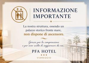 a sign for a hotel with the ocean in the background at PFA Hotel - Viareggio in Viareggio