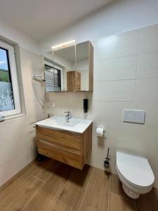 a bathroom with a sink and a toilet and a mirror at Forellenwirt Bacher in Kirchberg +75 photos
