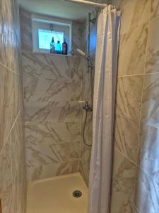 a bathroom with a shower with a shower curtain at Les Cabanes d Erhes in Saint-Pé-de-Bigorre +22 photos