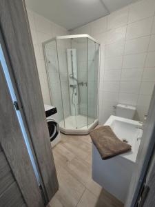 a bathroom with a shower and a bath tub at Apartamenty Kaszubski Przystanek in Luzino
