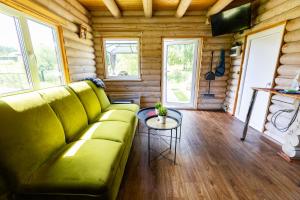 a living room with a green couch in a log cabin at Green park residence in Tīnūži