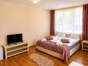 a bedroom with a large bed and a television at Liora studio apartments in Sunny Beach