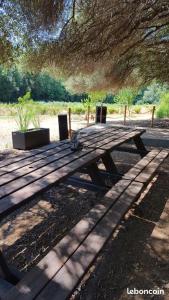 a wooden picnic table in the shade of a tree at chambre hote independante in Le Mas-dʼAzil