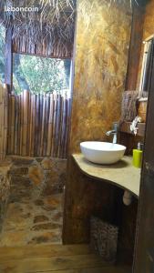 a bathroom with a sink and a stone wall at chambre hote independante in Le Mas-dʼAzil