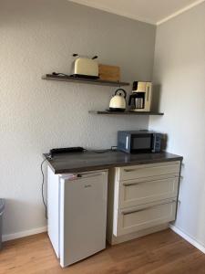 a kitchen with a counter with a microwave and a refrigerator at ZV38-Mammut-30 in Salzgitter +2 photos