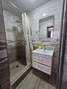 a bathroom with a shower and a sink and a mirror at Creative hotel in Gyumri