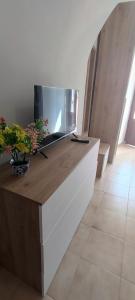 Ein Flachbildfernseher steht auf einer Theke. in der Unterkunft Casa Eman in Barrea