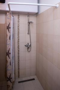e bagno con doccia e tenda. di Home Apartment near Blaha Lujza Square a Budapest