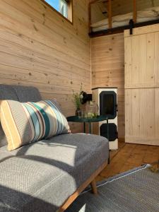 a room with a couch and a table with a tv at TinyHouse pod Tatrami in Nižná Šuňava