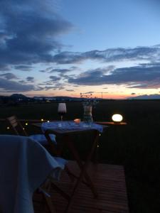 a table with a vase of flowers sitting on top of aperature at TinyHouse pod Tatrami in Nižná Šuňava