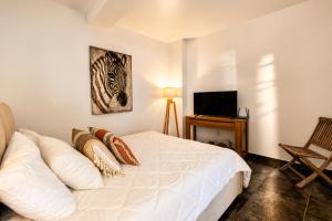 a bedroom with a white bed and a television at Villa Ellia - Terres Basses in Les Terres Basses