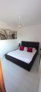 a bedroom with a large bed with two red pillows at Chambres D'Hotes Chez Sylvie in Cancale