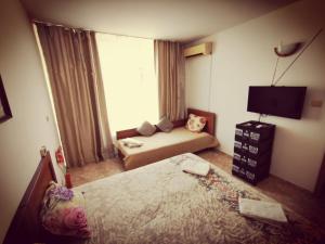 a bedroom with a bed and a couch and a television at Apartment Blue Komfort in Sunny Beach