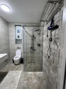 a bathroom with a shower and a toilet at Raduga West Apart Hotel in Koshkolʼ