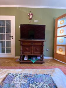 a living room with a flat screen tv on a table at Vintage Apartment in Prishtinë