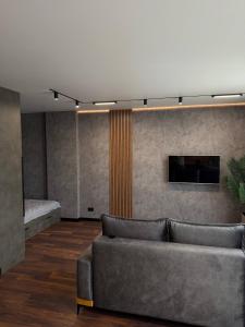 a living room with a couch and a tv at Studio Loft in Fontanka