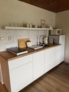 a kitchen with white cabinets and a counter top at Mezi Smrky in Bohostice
