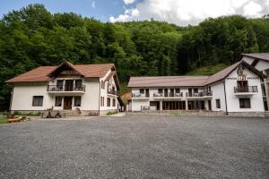 a couple of buildings with trees in the background at Vila Popasul Dacilor in Grădiştea de Munte