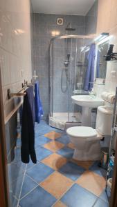 a bathroom with a toilet and a sink and a shower at Ferienwohnungen auf einem rustikalen 3 Seitenhof in Göda +39 photos
