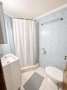 a bathroom with a shower and a toilet and a sink at Resort Dimitris in Alexandroupoli