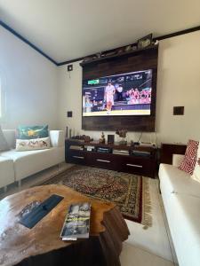 a living room with a large flat screen tv at VILLA ARATOCA in Garça