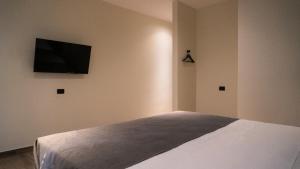 a bedroom with a bed with a flat screen tv on the wall at Hotel Casa Arbórea in San José