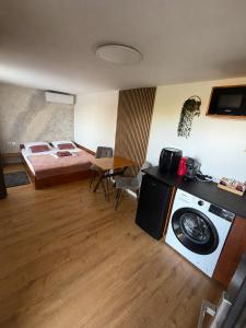 a bedroom with a bed and a kitchen with a washing machine at MR Tiny House - Private Parking in Roşu
