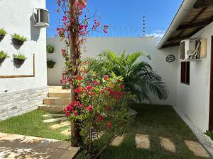 a garden with pink flowers and a tree at Pousada Flor do Sol in Fortaleza
