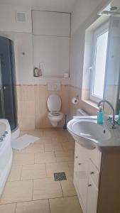 a bathroom with a toilet and a sink and a tub at Domek nad jeziorem in Dorotowo