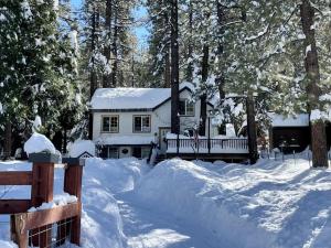a house covered in snow in the woods at Aery Pines in Wrightwood