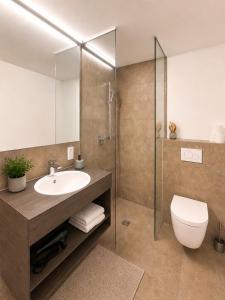 a bathroom with a sink and a toilet and a mirror at Lake Vibe Studio Apartment Wangen in Öhningen