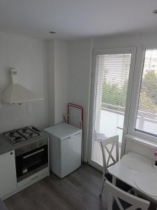 a kitchen with a stove and a sink and a table at 1-room apartment in Nitra