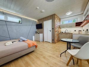 a bedroom with a bed and a table and a kitchen at Morski Raj Apartamenty in Dębki