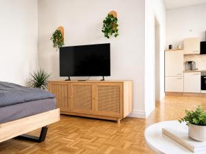 ein Wohnzimmer mit einem Flachbildfernseher auf einem Holzschrank in der Unterkunft Apartment Boho in Cottbus