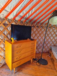 a tv on a dresser in a yurt at Les Cabanes d Erhes in Saint-Pé-de-Bigorre