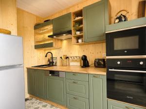 a kitchen with green cabinets and a microwave at Isabella in Figari