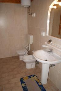 een badkamer met een wastafel, een toilet en een spiegel bij Parco Vacanze Camping Sogno in Marina di Massa