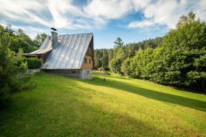 a house with a metal roof on a green field at Horská chata ERIK in Levoča +12 photos